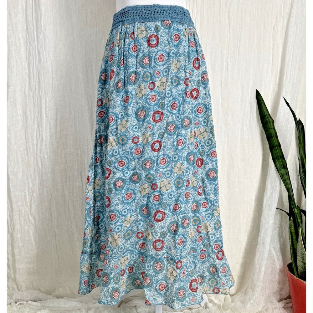 Boho Cottage Maxi Skirt XS Blue 100% Cotton Hippie Artsy Crochet Elastic Pull on